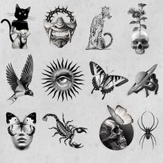 a bunch of different types of tattoos on a white paper with black and white images