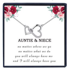 PRICES MAY VARY. Aunt and Niece Necklace: The interlocking heart necklace represents an unbreakable bond between aunt and niece. Surprise your aunt or niece with this gorgeous necklace as a reminder of how much she mean to you. She will love it and cherish for many years to come. Shiny Heart Necklace for Women: Made of stainless steel and 18k white gold plated, this women silver necklace features two lovely interlocking hearts and surrounded with smaller cubic zirconia, adding sparkle and shine Valentine's Day Personalized Jewelry With Message Card, Silver Jewelry With Message Card For Birthday, Mother's Day Birthday Necklace With Message Card, Birthday And Mother's Day Necklace With Message Card, Mother's Day Personalized Gift Jewelry With Message Card, Silver Necklace With Message Card For Valentine's Day, Birthday Gift Necklace With Message Card, Valentine's Day Silver Necklace With Message Card, Valentine's Day Anniversary Necklace With Message Card