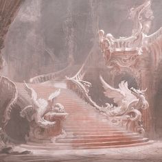 an artistic painting of a staircase in a castle with dragon statues on the steps leading up to it