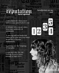 a woman with long curly hair standing in front of a news paper background that says repuptation