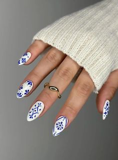 Portugal Inspired Nails, Philippines Nails, Blue And White Floral Nails, Pottery Nails, Porcelain Nail Art, Talavera Nails