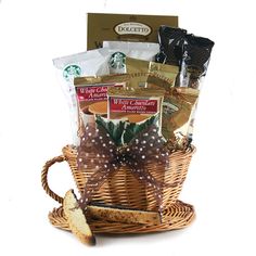 a basket filled with coffee and snacks