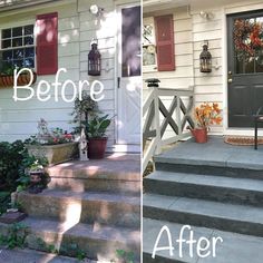 before and after photos of a front porch with steps leading up to the entrance door