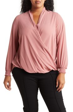 A long sleeve blouse features a draped surplice front for flattering, contemporary style. 28" length Surplice V-neck Long sleeves with smocked cuffs Draped front 100% polyester Hand wash, line dry Imported Model stats: 5'10" height, 41" bust, 36" waist, 48" hip. Model is wearing size 1X. Contemporary Style, Shirt Blouses, Top Blouse, Long Sleeve Blouse, Athletic Jacket, Nordstrom, Top Outfits, Long Sleeve, Clothes For Women