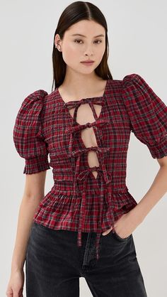 Damson Madder Bluebelle Blouse | Shopbop 2025 Style, Damson Madder, London Models, Future Wardrobe, Style Goals, Low Neckline, Pink Gingham, Striped Cardigan, Blouse Outfit