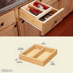 an open drawer with tools in it next to a kitchen counter top and below the drawers