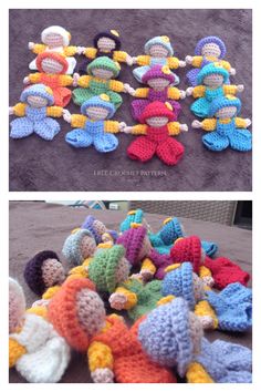 several crocheted dolls sitting on top of a bed