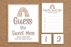 a cork board with some cards and magnets on it, including the words guess the sweet mess