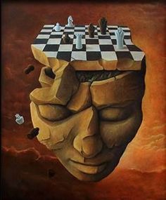 a painting of a man's head with chess pieces on it