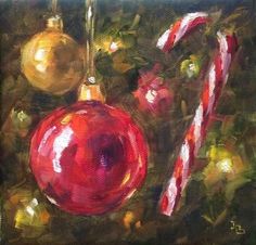 a painting of christmas ornaments and candy canes