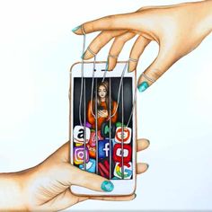 a drawing of a woman's hand holding a cell phone with magnets on it