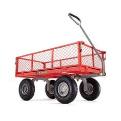 a red wagon with two wheels and a handle on the front is shown against a white background