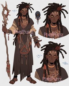 the character is wearing dreadlocks and holding a stick in one hand, with other hands