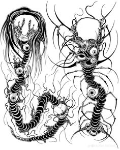 two black and white drawings of dragon like creatures, one with long hair and the other with large eyes