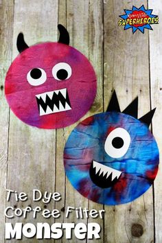 two paper plates with monster faces on them and the words coffee filter monster cut outs