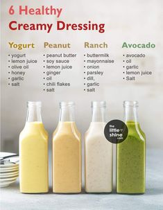 six different types of dressings in bottles