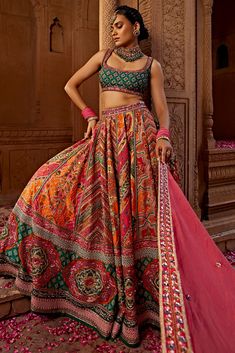 Multi-Colored Raw Silk Printed & Hand Adda Work Lehenga Set Design by Kalista at Pernia's Pop Up Shop 2024 Indian Editorial, Multicolor Lehenga, Gota Embroidery, Luxury Aesthetics, Sarees Traditional, Indian Bridal Photos, Fashion Sarees