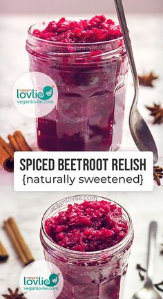 two jars filled with beetroot relish next to spoons and cinnamon sticks