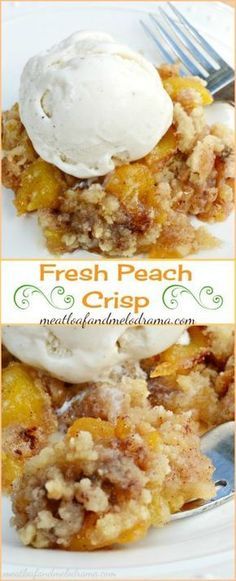 fresh peach crisp with ice cream on top