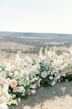 wedding flowers lined up on the side of a hill