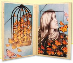 an open book with pictures of a woman in a cage and butterflies on the pages