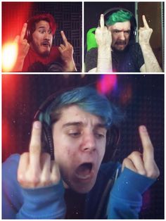 four different shots of a man with headphones and green hair making the peace sign