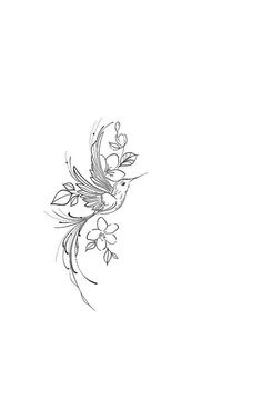 a black and white drawing of a bird with flowers on it's back side