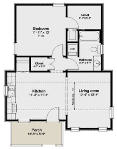 the floor plan for a two bedroom house with an attached bathroom and living room area