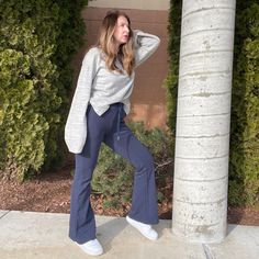 Details Navy Flared Lounge Pants, Yoga Vibes Has Stretch, Elastic Waist And Drawstring High Waisted With Flared Style And Side Pockets Minor Distressed At The Ankle Hem Pair These With Our Hampstead Pullover Unlined Size Small 41" From Waist Material And Care 100% Cotton Hand Wash, Dry Flat Patterns May Vary Materials May Have Natural Variations Colors May Vary From Different Viewing Devices. Yoga Vibes, Flare Lounge Pants, Black Flared Leggings, Dress Yoga Pants, Black Flare Pants, Relax Pants, Knit Denim, Black Slacks, Flats Patterns