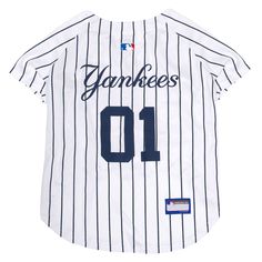 Share your love for baseball, and Yankees baseball in particular, with your pet with this Pets First New York Yankees MLB Jersey. This jersey features a great-looking v-neck along with a Velcro closure, and of course displays the team name and colors proudly. Let your dog share in your team spirit in fun and adorable fashion with this comfortable and stylish official MLB licensed jersey. Features: Stylish V-Neck; Velcro Closure Includes:1 Jersey Intended For: Dogs Gender: Male/Female Color: White, Blue Material: Polyester Dimensions Please see drop down for sizing options. Care Instructions: Machine wash cold. Do not bleach. Line dry. Do not iron print. Caution: This item is intended for short durations, under close supervision. Pets First New York Yankees MLB Jersey Size: XS New York Yankees Jersey, Sweater Jumper Dress, Yankees Jersey, Dog Jersey, Yankees Logo, New York Yankees Baseball, Yankees Baseball, Win Or Lose, Mlb Teams