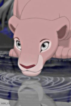 an animated pink lion is in the water with its paw on it's head