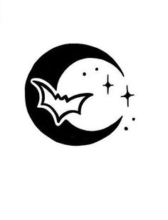 a black and white image of a bat flying over the moon with stars on it