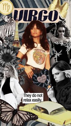 the collage has many different images and words on it, including an image of a woman