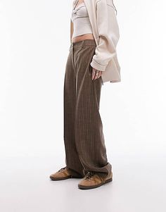 Topshop stripe low slung pants in brown | ASOS Fall Striped High-waisted Pants, Striped Wide Leg Bottoms For Fall, Wide Leg Striped Bottoms For Fall, Striped Wide-leg Pants For Fall, Striped Trousers For Fall, Striped High-waisted Pants For Fall, Brown Striped Pants Outfit, Striped Bottoms With Pockets For Fall, Fall Striped Bottoms With Pockets