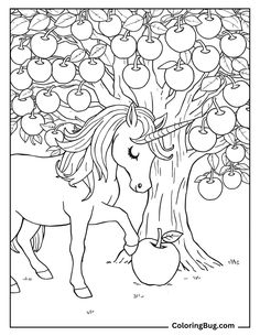 a coloring page with an apple tree and a horse in the foreground, surrounded by apples