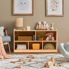 a child's playroom with toys, bookshelves and stuffed animals on the floor