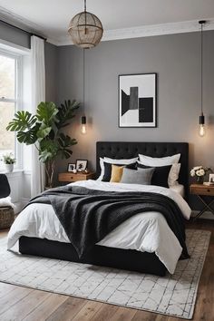 Gray Bedroom With Black Metal Bed, Black And White Wall Bedroom, Modern Bedroom Color Ideas, Urban Modern Bedroom Ideas, Grey Walls Bedroom Ideas, Grey Wall Bedroom Ideas, Bedroom Inspirations Black Furniture, Black Headboard Bedroom Color Schemes, Black Bed Bedroom