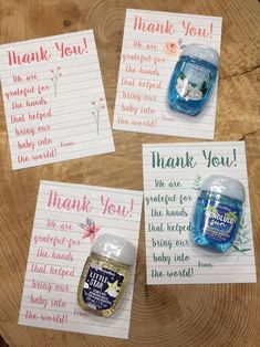 three thank cards with handwritten notes on top of each one and a jar of soap