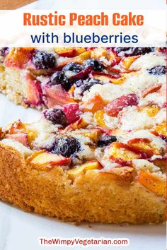 Rustic cake topped with fresh peaches and blueberries with text overlay. Rustic Baking Recipes, Recipes For Springform Pan, Summer Fruit Cake, Blueberry Peach Cake Recipes, Peach And Blueberry Desserts, Blueberry Peach Recipes Healthy, Peach And Blueberry Recipes, Peach Blueberry Cake Recipe, Peaches And Blueberries Recipes