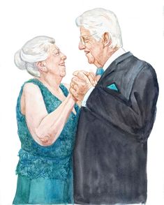 an older man and woman dancing together