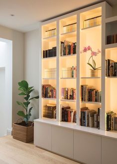 a bookshelf filled with lots of books next to a plant in a vase