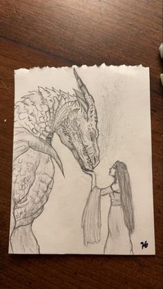 a drawing of two people holding hands with a dragon on the other side of them