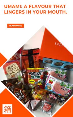 an orange box filled with different types of snacks