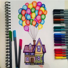 a drawing of a house with balloons in the air