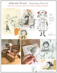 various drawings and sketches of children's artwork, including a girl with a bird in her hand