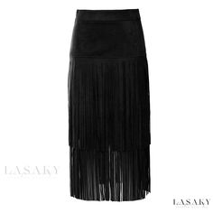 Lasaky - Wild and Stylish Cowboy Fringe Maxi Skirt Maxi Skirt And Boots, Long Fringe Skirt, Fringe Maxi Skirt, Fringe Midi Skirt, Black And Khaki, Feminine Skirt, Body Skirt, Cowgirl Chic, Long Fringe