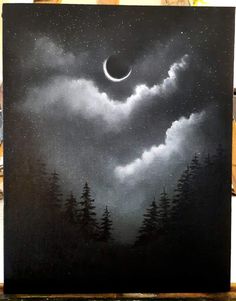 a painting of a night sky with the moon in the clouds and trees on it