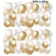 gold and white balloons are arranged in rows