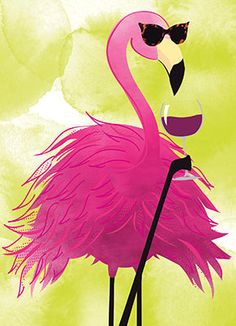 a pink flamingo with sunglasses on it's head standing in front of a green background