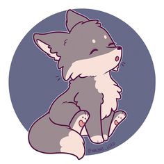 a drawing of a gray and white fox sitting in front of a blue circle